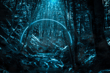 stream in the middle of the forest at night, glowing blue neon circle and fog