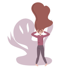 The concept of anxiety disorders. A depressed woman in fear and stress due to mental problems. Vector illustration in a flat linear style