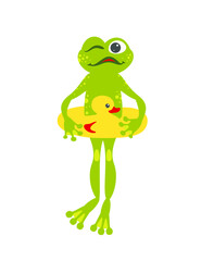Frog with a duck swimming ring. Flat vector illustration