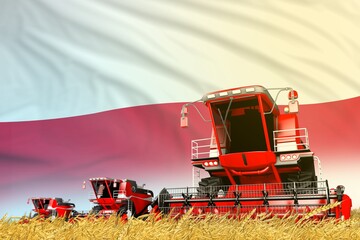 Obraz premium industrial 3D illustration of red wheat agricultural combine harvester on field with Poland flag background, food industry concept