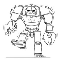 Big Evil Robot Walking. Front View. Sci-fi Technology Concept Art Design. Hand Drawing and Illustration