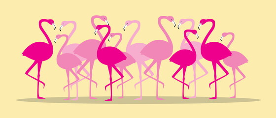 Obraz na płótnie Canvas Flock of flamingos isolated, flat vector stock illustration with pink exotic birds, animals on yellow background