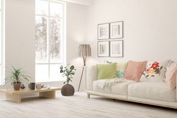 Fototapeta premium White living room with sofa. Scandinavian interior design. 3D illustration