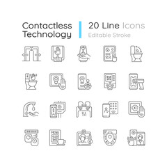 Obraz na płótnie Canvas Contactless technology linear icons set. Controlling house eco system from smartphone. Reducing germs. Customizable thin line contour symbols. Isolated vector outline illustrations. Editable stroke
