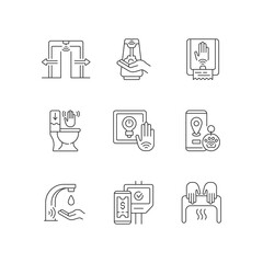 Contactless technology linear icons set. Smart devices with interaction through devices. Remote control. Customizable thin line contour symbols. Isolated vector outline illustrations. Editable stroke
