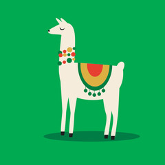 Alpaca or llama in hat isolated, flat vector stock illustration with Mexican or Latino pet with beads