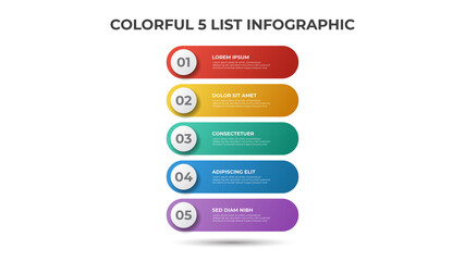 Colorful 5 points of list diagram, infographic element template vector.