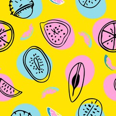 Exotic bright fruit seamless pattern. Fruit picking. Vector illustration of fruits for design of menus, recipes and product packages.