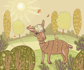 Illustration: a small llama in a sunny forest