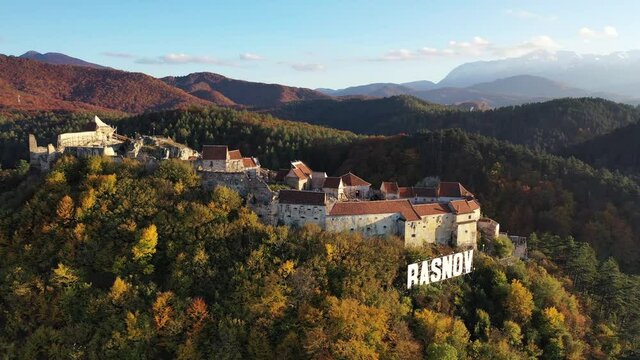 Brasov, Romania. Aerial view of Rasnov Fortress.