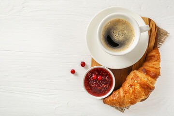 Delicious breakfast with fresh croissants
