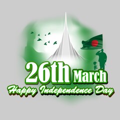 Vector illustration for Bangladesh happy independence day, national day, soldiers, flag hoisting, pigeon, mountain on abstract background with patriotic color theme.