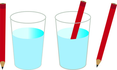 Vector Illustration Experiment of a Glass of Water with Pencil. Refraction of Light. A pencil in a Glass of Water.