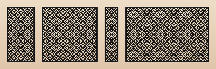 Decorative panels for laser cutting. Abstract geometric pattern with squares, triangles, diamond grid. Laser cut stencil for wood, metal, plastic, paper, acrylic panel. Aspect ratio 1:2, 1:1, 1:4, 3:2