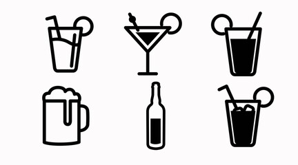 Drinks Icon Set. Vector siolated back and white set of different drinks