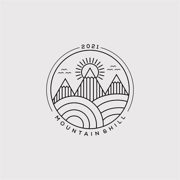 minimalist mountain, sunburst, and hill line art logo vector illustration design