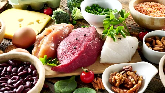 balanced food-meat,fish,fruit,vegetable and cereal