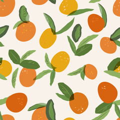 Fototapeta na wymiar Vector seamless pattern with oranges. Citrus digital paper. Vector artistic repeat background for wrapping paper, web backdrop, textile fabric design