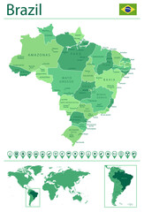 Brazil detailed map and flag. Brazil on world map.