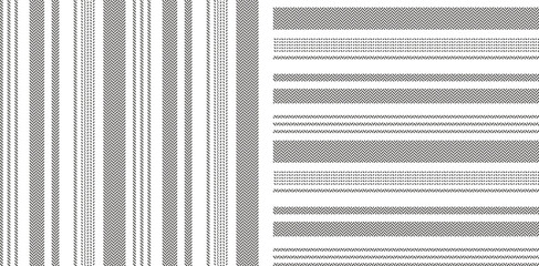 Stripe patterns seamless abstract designs in black and white for spring summer autumn winter dress, skirt, shirt, other modern fashion or home textile print. Monochrome asymmetric texture backgrounds.