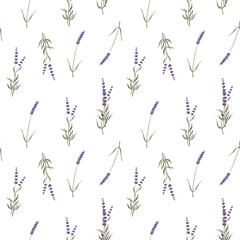 Lavender flower branches square seamless pattern isolate on white background. Pencil color digital sketch. Wrapping paper print, textiles, profance, kitchen, dishes, stationery, perfume
