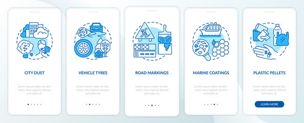 Microplastics sources onboarding mobile app page screen with concepts. Vehicle tyres walkthrough 5 steps graphic instructions. Vehicle tyres. UI vector template with RGB color illustrations