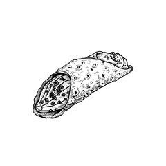 Hand drawn sketch style Italian dessert cannoli. Fried sweet pastry and ricotta cheese cream. Chocolate crispies decorated. Traditional Italian and Sicilian sweets. Vector illustration.