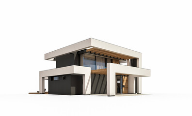 3d rendering of modern cozy house with pool and parking for sale or rent in luxurious style. Isolated on white