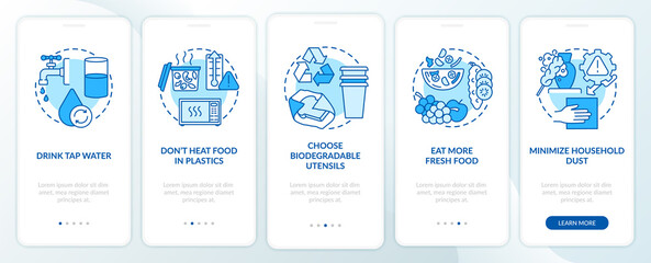 Avoiding microplastics tips onboarding mobile app page screen with concepts. Drink tap water walkthrough 5 steps graphic instructions. UI vector template with RGB color illustrations