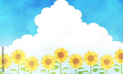 夏の入道雲と青空とひまわりの水彩風ベクターイラスト背景 コピースペース August Poster Augu Honyojima