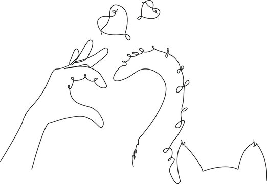 A heart made of a hand and a cat's tail. Love for pets line art, one line, black and white illustration vector.