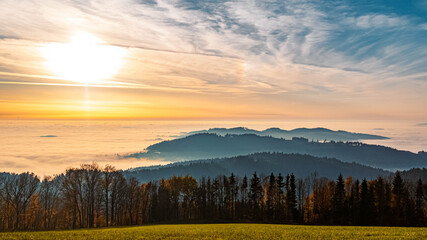 Beautiful sunset above the clouds near Kostenz, Bavarian forest, Bavaria, Germany