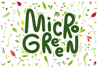 Microgreens or baby greens , lettering, logo,illustration objects