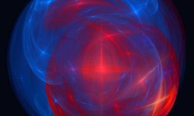 Spherical motion of red and blue spotlights or stars in cosmic bodies or shapes. Plasma substance or magic balls. Creative digital graphic vision. Great for design cover, certificate, flyer, poster. 