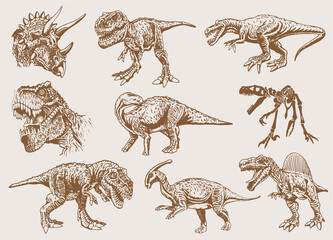 Vector vintage big set of dinosaurs ,sepia background,illustration,elements