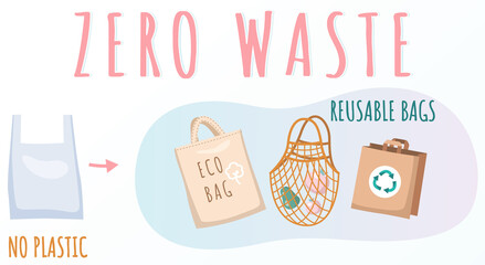 Reusable cloth packages instead of plastic containers vector illustration. Zero waste concept