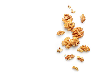Golden nutritious walnut kernels isolated on white