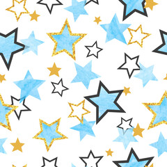 Seamless Stars pattern. Vector background with watercolor blue and glittering golden stars.
