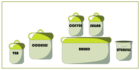 Household utensils, comfort. Potted flowers and containers for spices, bread, coffee, tea, sugar, biscuits. Kitchen. House. Isolated vector objects.