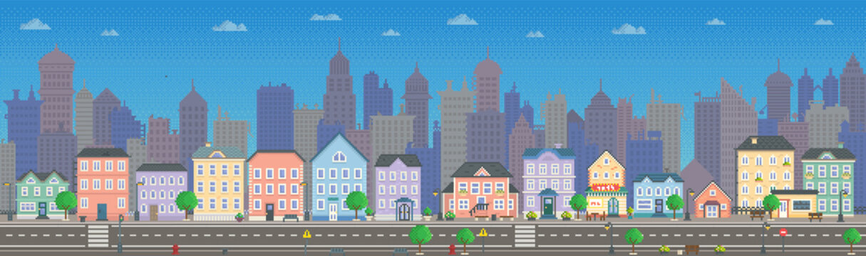 Empty city with long road along houses vector illustration. City downtown landscape in pixel style