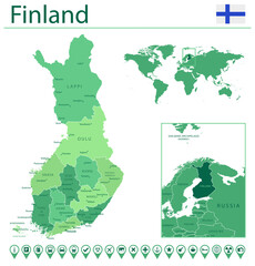 Finland detailed map and flag. Finland on world map.