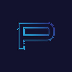 letter P with electronic circuit, tech logo with blue background.	