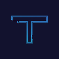 letter T with electronic circuit, tech logo with blue background.	