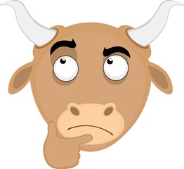 Vector emoticon illustration of the head of a cartoon bull with an expression and a thinking gesture with his hand on his face