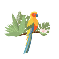 Exotic colorful  parrot  with  palm and monstera leaves, exotic flower. Tropical bird. Trendy Cartoon Vector illustration. Isolated on white. Good for web and print