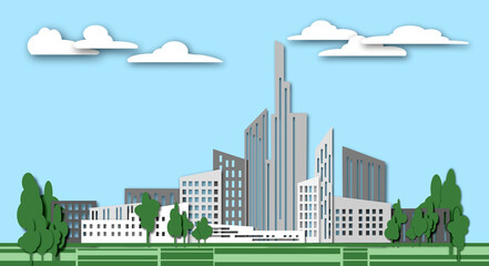 Paper skyscrapers and trees illustration. Achitectural buildings in panoramic view.