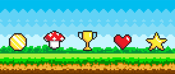 Fototapeta premium Pixel art game background with reward object in air. Pixel-game scene with grass and awards in sky