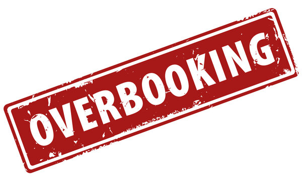 Overbooking red square filled rubber stamp icon isolated on white background. Overbooked stamp label.