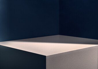 Illuminated corner of square light color podium as place for displaying your product.