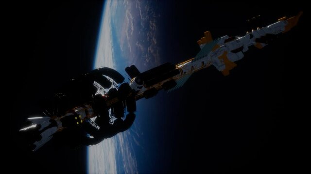 3D illustration of a spaceship in orbit around planet earth